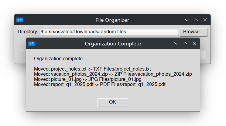 Completion log showing moved files
